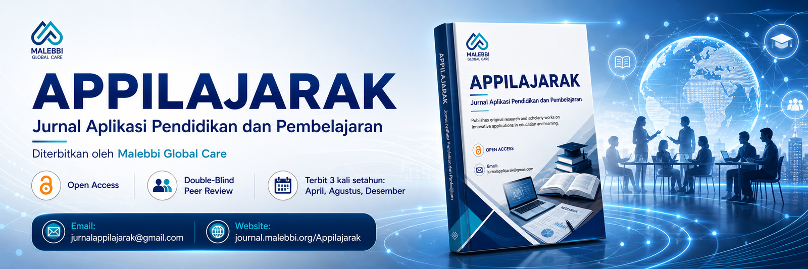 Banner Appilajarak: Jurnal Aplikasi Pendidikan dan Pembelajaran, jurnal ilmiah dalam bidang pendidikan dan pembelajaran yang diterbitkan oleh Malebbi Global Care.